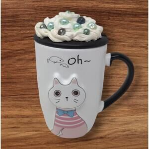 Cat Kitten Ceramic Coffee Mug Tea Cup Lid Milk Water Handle Cute Hard to Find